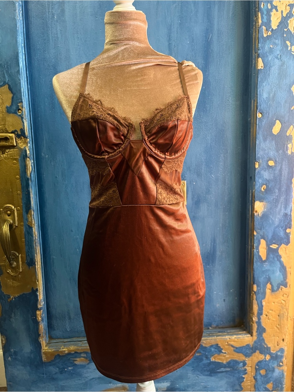 Rust Satin Lace-Trim Mini Slip Dress